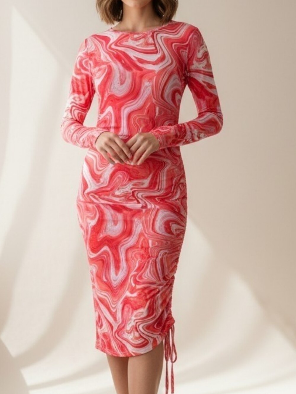 SHEIN Pink Red Marble Print Long Sleeve Midi Dress
